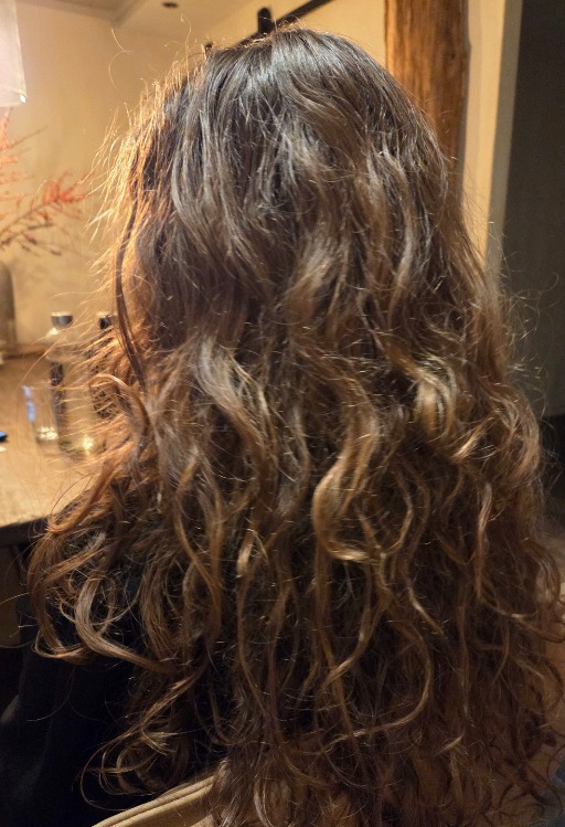 Lang bruin haar met losse, pluizige slag, van achteren, voor de knipbeurt