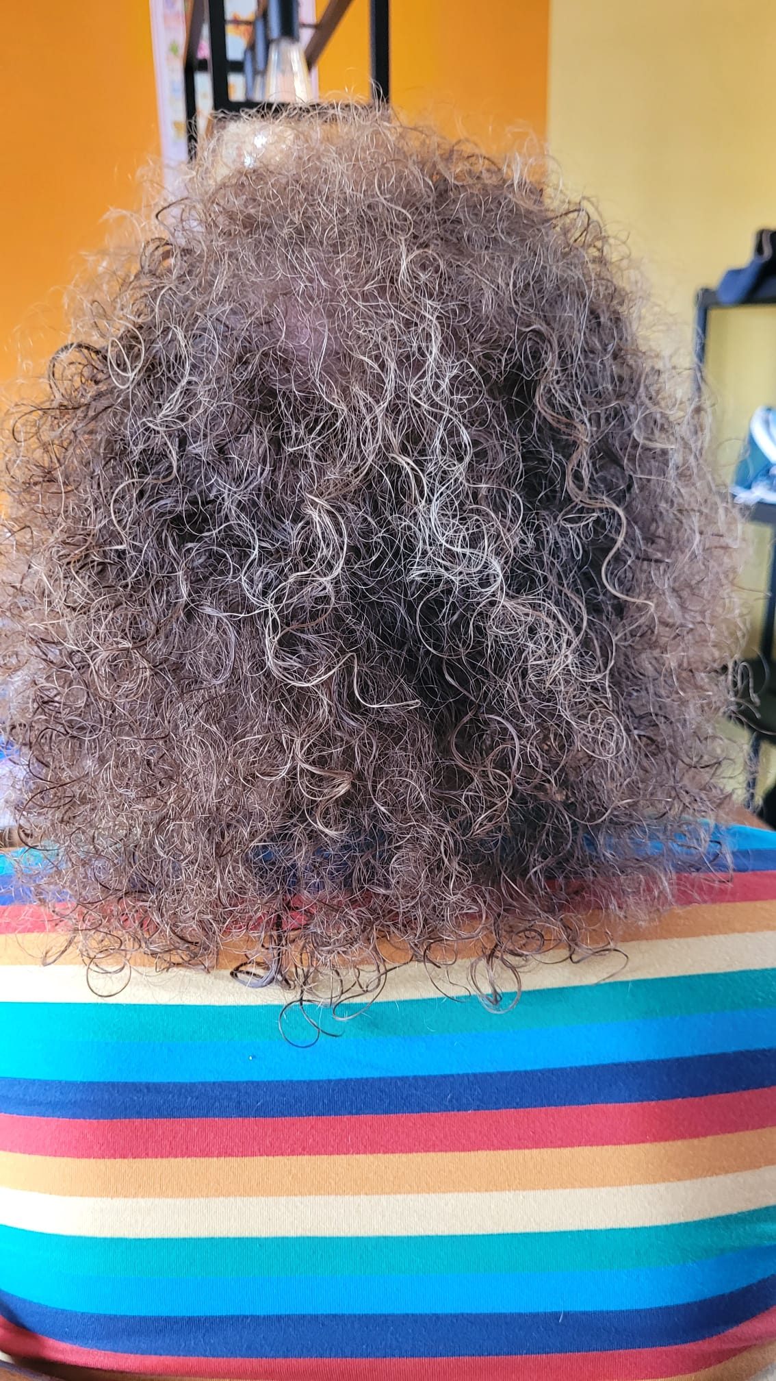 Grijsblonde krullen tot op de schouders, van achteren, na een knipbeurt